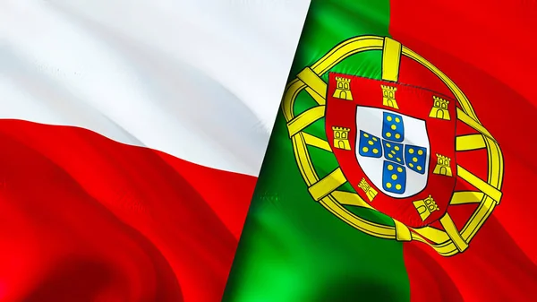 Polonya Portekiz Bayrakları Boyutlu Dalgalanan Bayrak Tasarımı Polonya Portekiz Bayrağı — Stok fotoğraf