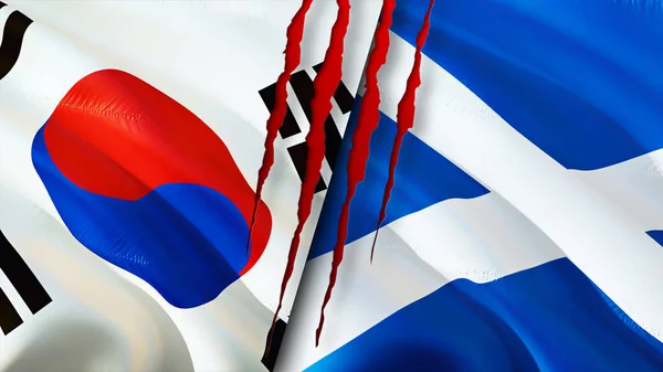 South Korea and Scotland flags with scar concept. Waving flag,3D rendering. South Korea and Scotland conflict concept. South Korea Scotland relations concept. flag of South Korea and Scotlan