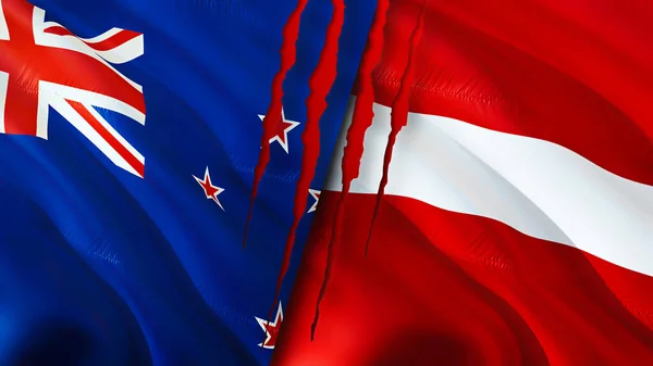 新西兰和拉脱维亚的国旗带有伤疤概念 波浪旗3D渲染 新西兰和拉脱维亚冲突概念 新西兰拉脱维亚关系概念 新西兰和拉脱维亚危机 战争的旗帜 — 图库照片