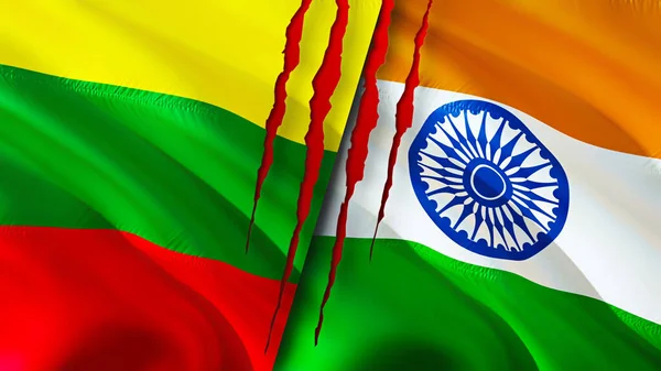 Litouwen India Vlaggen Met Litteken Concept Wuivende Vlag Weergave Conflictconcept — Stockfoto