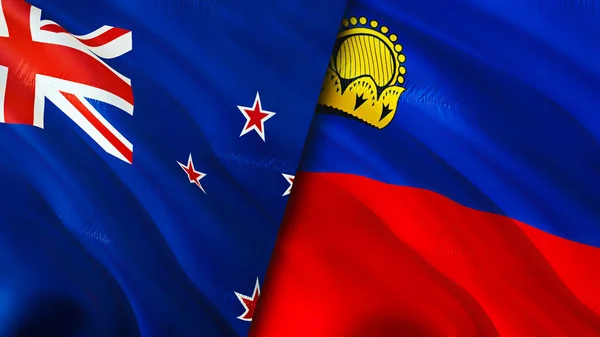 新西兰和列支敦士登的国旗 3D波浪旗帜设计 新西兰列支敦士登国旗 新西兰对列支敦士登的图像 3D渲染 新西兰 列支敦士登关系 — 图库照片