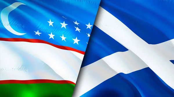 Uzbekistan and Scotland flags. 3D Waving flag design. Uzbekistan Scotland flag, picture, wallpaper. Uzbekistan vs Scotland image,3D rendering. Uzbekistan Scotland relations alliance an