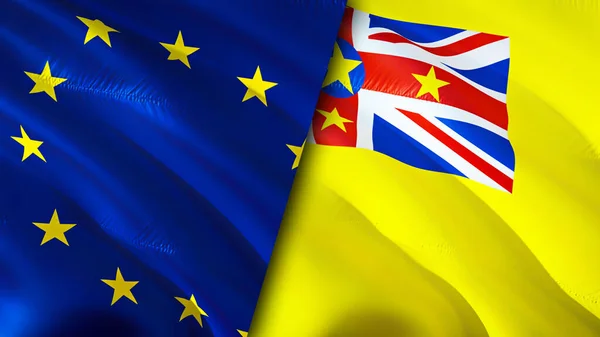 European Union and Niue flags. 3D Waving flag design. European Union Niue flag, picture, wallpaper. European Union vs Niue image,3D rendering. European Union Niue relations alliance an