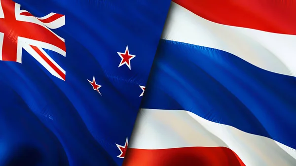 新西兰和泰国的国旗 3D波浪旗帜设计 新西兰泰国国旗 新西兰对泰国的图像 3D渲染 新西兰 泰国关系 — 图库照片