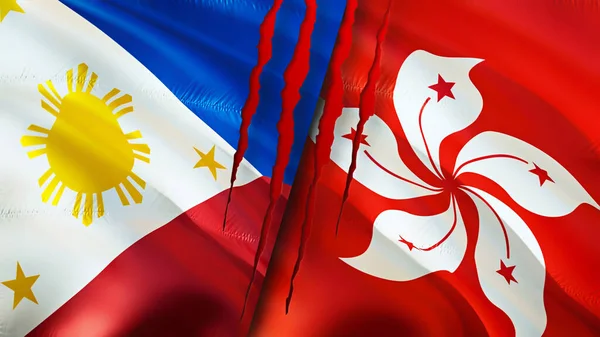 Philippines and Hong Kong flags with scar concept. Waving flag,3D rendering. Philippines and Hong Kong conflict concept. Philippines Hong Kong relations concept. flag of Philippines and Hong Kon