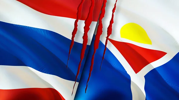 Thailand and Saint Martin flags with scar concept. Waving flag,3D rendering. Thailand and Saint Martin conflict concept. Thailand Saint Martin relations concept. flag of Thailand and Saint Marti