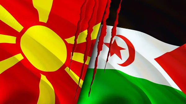 North Macedonia and Western Sahara flags with scar concept. Waving flag,3D rendering. North Macedonia and Western Sahara conflict concept. North Macedonia Western Sahara relations concept. flag o