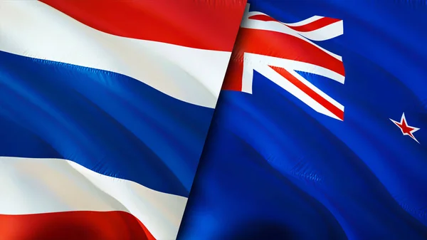 泰国和新西兰的国旗 3D波浪旗帜设计 泰国新西兰国旗 泰国对新西兰的图像 3D渲染 泰国新西兰关系联盟 — 图库照片