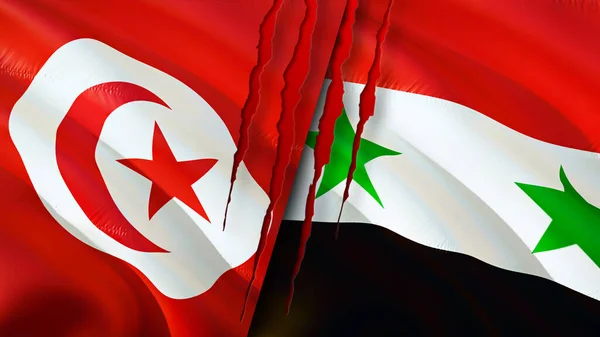 Tunisia and Syria flags with scar concept. Waving flag,3D rendering. Tunisia and Syria conflict concept. Tunisia Syria relations concept. flag of Tunisia and Syria crisis,war, attack concep