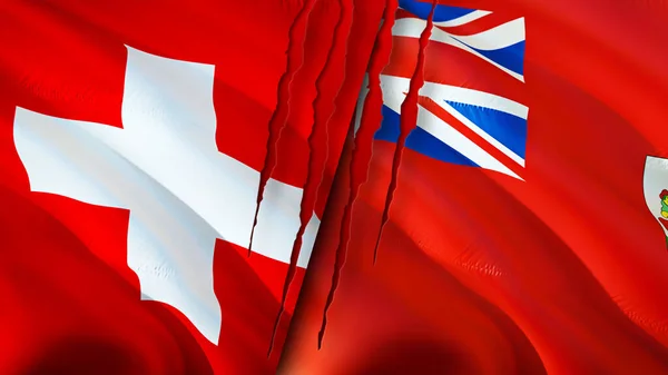 Flagi Szwajcarii Bermudów Blizną Machanie Flagą Renderowanie Koncepcja Konfliktu Szwajcaria — Zdjęcie stockowe