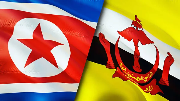 North Korea and Brunei flags. 3D Waving flag design. North Korea Brunei flag, picture, wallpaper. North Korea vs Brunei image,3D rendering. North Korea Brunei relations alliance an