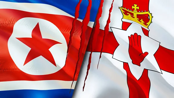 North Korea and USA Northern Ireland with scar concept. Waving flag,3D rendering. North Korea and USA conflict concept. North Korea USA relations concept. flag of North Korea and USA crisis,war