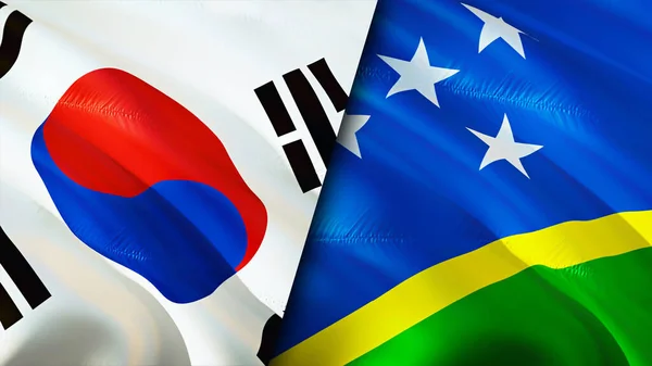 South Korea and Solomon Islands flags. 3D Waving flag design. South Korea Solomon Islands flag, picture, wallpaper. South Korea vs Solomon Islands image,3D rendering. South Korea Solomon Island