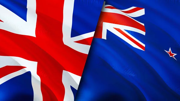 联合王国和新西兰的国旗 3D波浪旗帜设计 联合王国国旗 英国对新西兰的图像 3D渲染 大不列颠及北爱尔兰联合王国 — 图库照片