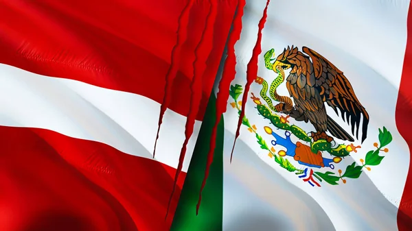 Latvia and Mexico flags with scar concept. Waving flag,3D rendering. Latvia and Mexico conflict concept. Latvia Mexico relations concept. flag of Latvia and Mexico crisis,war, attack concep