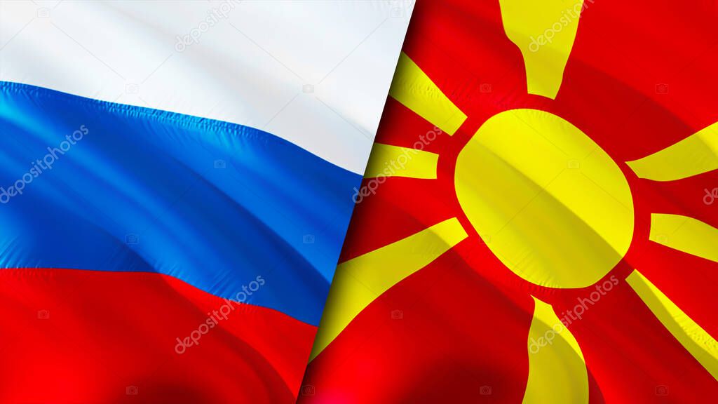 Russia and North Macedonia flags. 3D Waving flag design. Russia North Macedonia flag, picture, wallpaper. Russia vs North Macedonia image,3D rendering. Russia North Macedonia relations alliance an