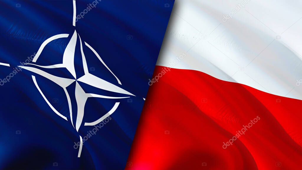 NATO and Poland flags. 3D Waving flag design. Poland NATO flag, picture, wallpaper. NATO vs Poland image,3D rendering. NATO Poland relations alliance and Trade,travel,tourism concep