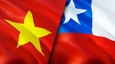 Vietnam ve Şili bayrakları ve yara izi konsepti. Dalgalanan bayrak, 3 boyutlu görüntüleme. Vietnam ve Şili çatışması konsepti. Vietnam Şili ilişkileri kavramı. Vietnam bayrağı ve Şili krizi, savaş, saldırı konsepti