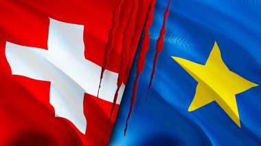 İsviçre ve DR Kongo bayrakları yara izi konseptiyle. Dalgalanan bayrak, 3 boyutlu görüntüleme. İsviçre ve DR Kongo çatışma konsepti. İsviçre DR Kongo ilişkileri kavramı. İsviçre ve DR Cong bayrağı