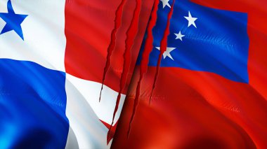 Panama ve Samoa bayrakları yara izi konseptiyle. Dalgalanan bayrak, 3 boyutlu görüntüleme. Panama ve Samoa çatışma konsepti. Panama Samoa ilişkileri kavramı. Panama ve Samoa bayrağı krizi, savaş, saldırı konsepti