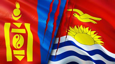 Yara izi olan Moğolistan ve Kiribati bayrakları. Dalgalanan bayrak, 3 boyutlu görüntüleme. Moğolistan ve Kiribati çatışma konsepti. Moğolistan Kiribati ilişkileri kavramı. Moğolistan bayrağı ve Kiribati krizi, savaş, attac