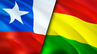 Şili ve Bolivya bayrakları. 3 boyutlu dalgalanan bayrak tasarımı. Şili Bolivya bayrağı, resim, duvar kağıdı. Şili, Bolivya 'ya karşı, görüntü 3 boyutlu. Şili Bolivya ilişkileri ittifak ve ticaret, seyahat, turizm konsepti