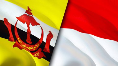 Brunei ve Monako bayrakları. 3 boyutlu dalgalanan bayrak tasarımı. Brunei Monako bayrağı, resim, duvar kağıdı. Brunei, Monako 'ya karşı, görüntü 3 boyutlu. Brunei Monako ilişkileri ittifak ve ticaret, seyahat, turizm konsepti