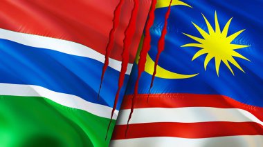 Gambiya ve Malezya bayraklarında yara izi var. Dalgalanan bayrak, 3 boyutlu görüntüleme. Gambiya ve Malezya çatışma konsepti. Gambiya Malezya ilişkileri kavramı. Gambiya ve Malezya bayrağı krizi, savaş, saldırı konsepti