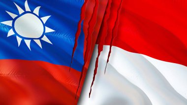 Yara izi olan Tayvan ve Monako bayrakları. Dalgalanan bayrak, 3 boyutlu görüntüleme. Tayvan ve Monako çatışma konsepti. Tayvan Monako ilişkileri kavramı. Tayvan bayrağı ve Monako krizi, savaş, saldırı konsepti