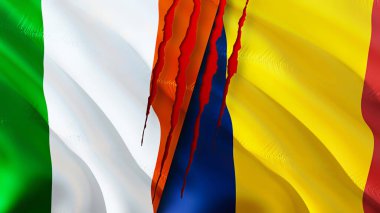 İrlanda ve Çad yara izi olan bayraklar. 3D bayrak sallama. İrlanda ve Çad çatışma konsepti. İrlanda Çad ilişkileri kavramı. İrlanda ve Çad bayrağı krizi, savaş, saldırı konsepti