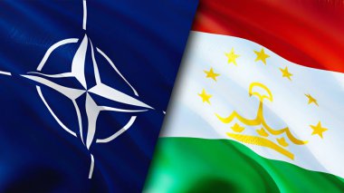 NATO ve Tacikistan bayrakları. 3 boyutlu dalgalanan bayrak tasarımı. Tacikistan NATO bayrağı, resim, duvar kağıdı. NATO, Tacikistan 'a karşı, görüntü 3 boyutlu. NATO Tacikistan ilişkileri ittifak ve Ticaret, seyahat, turizm konsepti