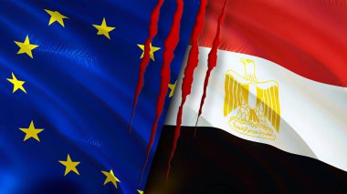 Yara izi olan Avrupa Birliği ve Mısır bayrakları. Dalgalanan bayrak, 3 boyutlu görüntüleme. Avrupa Birliği ve Mısır çatışma konsepti. Avrupa Birliği Mısır ilişkileri kavramı. Avrupa Birliği bayrağı