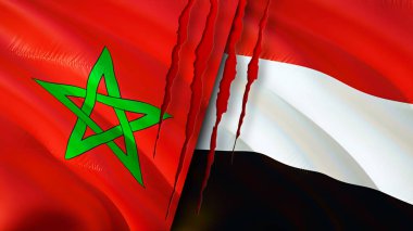 Yara izi olan Fas ve Yemen bayrakları. Dalgalanan bayrak, 3 boyutlu görüntüleme. Fas ve Yemen çatışma konsepti. Fas Yemen ilişkileri kavramı. Fas ve Yemen bayrağı kriz, savaş, saldırı konsepti