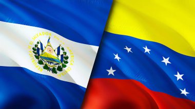 El Salvador ve Venezuela bayrakları. 3 boyutlu dalgalanan bayrak tasarımı. El Salvador Venezuela bayrağı, resim, duvar kağıdı. El Salvador, Venezuela 'ya karşı, görüntü 3 boyutlu. El Salvador Venezuela ilişkileri savaş ittifakı