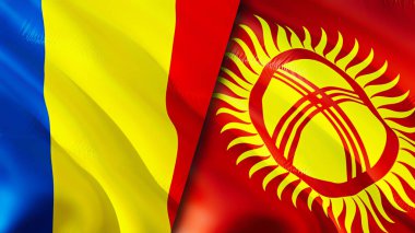 Romanya ve Kırgızistan bayrakları. 3 boyutlu dalgalanan bayrak tasarımı. Romanya Kırgızistan bayrağı, resim, duvar kağıdı. Romanya Kırgızistan 'a karşı, görüntü 3D. Romanya Kırgızistan ilişkileri bir ittifak