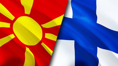 Kuzey Makedonya ve Finlandiya bayrakları. 3 boyutlu dalgalanan bayrak tasarımı. Kuzey Makedonya Finlandiya bayrağı, resim, duvar kağıdı. Kuzey Makedonya, Finlandiya 'ya karşı imaj, 3D görüntüleme. Kuzey Makedonya Finlandiya ile ittifak ilişkileri