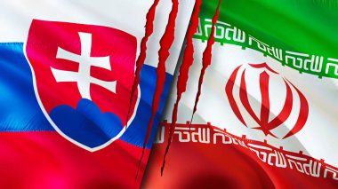 Slovakya ve İran yara izi kavramına sahip bayraklar. Dalgalanan bayrak, 3 boyutlu görüntüleme. Slovakya ve İran çatışma konsepti. Slovakya İran ilişkileri kavramı. Slovakya ve İran bayrağı kriz, savaş, saldırı konsepti
