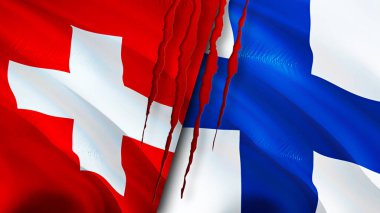 Yara izi olan İsviçre ve Finlandiya bayrakları. Dalgalanan bayrak, 3 boyutlu görüntüleme. İsviçre ve Finlandiya çatışma konsepti. İsviçre Finlandiya ilişkileri kavramı. İsviçre ve Finlan bayrağı