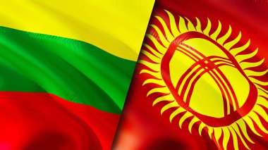 Litvanya ve Kırgızistan bayrakları. 3 boyutlu dalgalanan bayrak tasarımı. Litvanya Kırgızistan bayrağı, resim, duvar kağıdı. Litvanya, Kırgızistan imajına karşı, 3 boyutlu canlandırma. Litvanya Kırgızistan ilişkileri bir ittifak