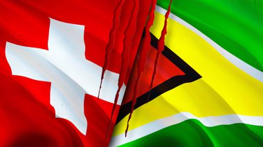 İsviçre ve Guyana yara izi olan bayraklar. Dalgalanan bayrak, 3 boyutlu görüntüleme. İsviçre ve Guyana çatışma konsepti. İsviçre Guyana ilişkileri kavramı. İsviçre bayrağı ve Guyana krizi, savaş