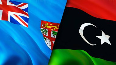 Fiji ve Libya bayrakları. 3 boyutlu dalgalanan bayrak tasarımı. Fiji Libya bayrağı, resim, duvar kağıdı. Fiji, Libya 'ya karşı, görüntü 3 boyutlu. Fiji Libya ilişkileri ittifak ve ticaret, seyahat, turizm konsepti