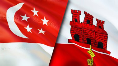 Singapur ve Gibraltar bayrakları. 3 boyutlu dalgalanan bayrak tasarımı. Singapur Cebelitarık bayrağı, resim, duvar kağıdı. Singapur, Cebelitarık 'a karşı, görüntü 3 boyutlu. Singapur Cebelitarık ilişkileri