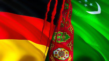 Yara izi olan Almanya ve Türkmenistan bayrakları. Dalgalanan bayrak, 3 boyutlu görüntüleme. Almanya ve Türkmenistan çatışma konsepti. Almanya Türkmenistan ilişkileri kavramı. Almanya ve Türkmenistan bayrağı