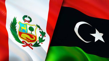 Peru ve Libya bayrakları. 3 boyutlu dalgalanan bayrak tasarımı. Peru Libya bayrağı, resim, duvar kağıdı. Peru Libya 'ya karşı, görüntü 3 boyutlu. Peru Libya ilişkileri ittifak ve ticaret, seyahat, turizm konsepti