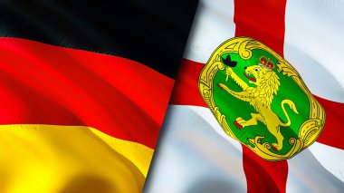Almanya ve Alderney bayrakları. 3 boyutlu dalgalanan bayrak tasarımı. Almanya Alderney bayrağı, resim, duvar kağıdı. Almanya, Alderney 'e karşı, görüntü 3 boyutlu. Almanya Alderney ilişkileri ittifak ve ticaret, seyahat, turnuva