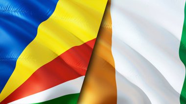 Seyşeller ve Fildişi Sahili bayrakları. 3 boyutlu dalgalanan bayrak tasarımı. Seyşeller Cote d 'Ivoire bayrağı, resim, duvar kağıdı. Seyşeller vs Cote d 'Ivoire imajı, 3D görüntüleme. Seyşeller Cote d 'Ivoire ilişkisi