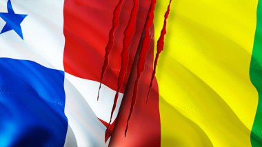Yara izi olan Panama ve Gine bayrakları. Dalgalanan bayrak, 3 boyutlu görüntüleme. Panama ve Gine çatışması konsepti. Panama Gine ilişkileri konsepti. Panama ve Gine bayrağı krizi, savaş, saldırı konsepti