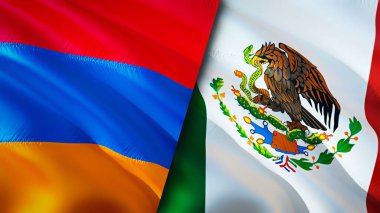 Ermenistan ve Meksika bayrakları. 3 boyutlu dalgalanan bayrak tasarımı. Ermenistan Meksika bayrağı, resim, duvar kağıdı. Ermenistan, Meksika imajına karşı, 3D görüntüleme. Ermenistan Meksika ilişkileri ittifak ve ticaret, seyahat, turizm konsepti