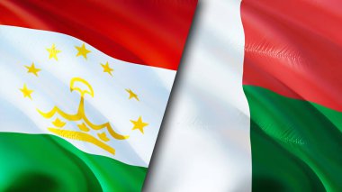 Tacikistan ve Madagaskar bayrakları. 3 boyutlu dalgalanan bayrak tasarımı. Tacikistan Madagaskar bayrağı, resim, duvar kağıdı. Tacikistan, Madagaskar 'a karşı 3 boyutlu görüntü. Tacikistan Madagaskar ilişkileri bir ittifak