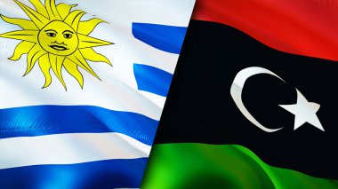 Uruguay ve Libya bayrakları. 3 boyutlu dalgalanan bayrak tasarımı. Uruguay Libya bayrağı, resim, duvar kağıdı. Uruguay, Libya imajına karşı, 3D görüntüleme. Uruguay Libya ilişkileri ittifak ve ticaret, seyahat, turizm konsepti